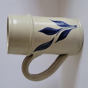 Williamsburg Pottery Salt Glaze Mug. Color Beige. Blue Leaf Design